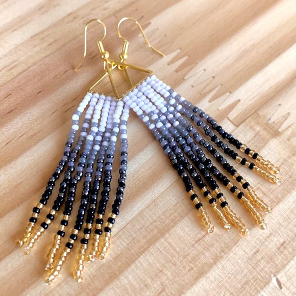 Gradient Colors Gold Triangle Body Hand Beaded Seed Bead Tassel Dangle Earrings - Picture 14 of 15